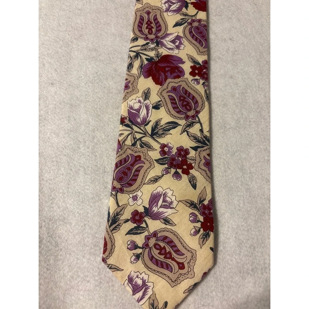 Lands End Floral Necktie Mens OS Tan‎ Purple Excellent 100% Cotton USA Hand Sewn